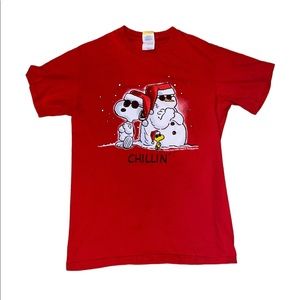 Peanuts Snoopy Woodstock and snowman Christmas shirt
